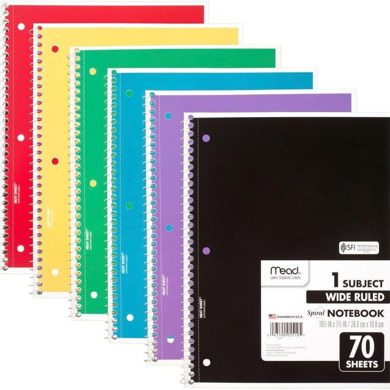 Mead Spiral Notebook, 24 Pack, 1 Subject, Wide Ruled Paper, 7-1/2" x 10-1/2", 70 Sheets per Notebook, Colors Will Vary (930203-ECM25)