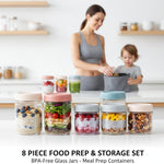 Glass Meal Prep Jar Set, 8 Pack Overnight Oats Containers with Lids | Food Storage for Snacks, Yogurt, Spice, Salad, Chia Seed Pudding Jars, Wide Mouth Mason Jars with Airtight Lids, 16oz 10oz
