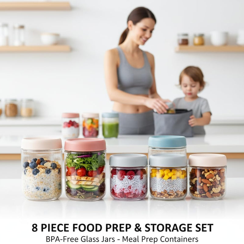 Glass Meal Prep Jar Set, 8 Pack Overnight Oats Containers with Lids | Food Storage for Snacks, Yogurt, Spice, Salad, Chia Seed Pudding Jars, Wide Mouth Mason Jars with Airtight Lids, 16oz 10oz