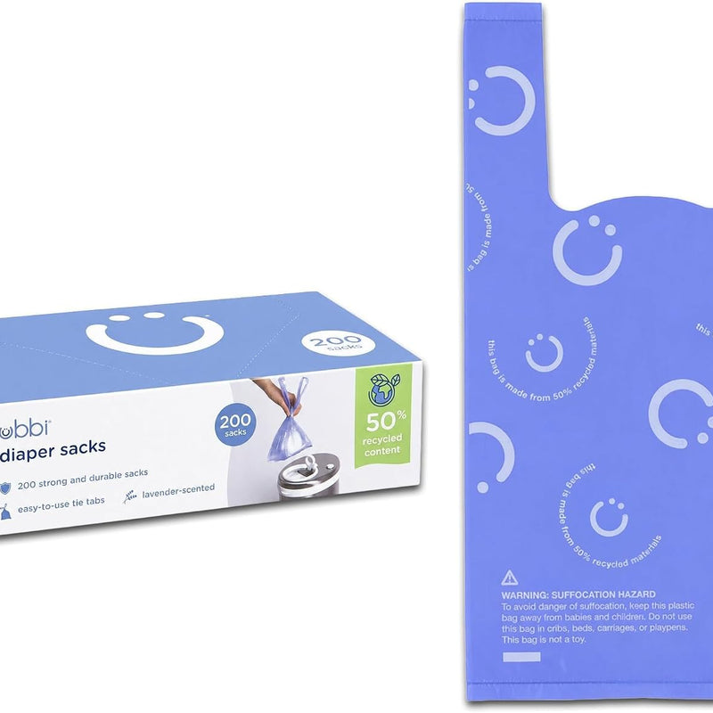 Ubbi Disposable Baby Diaper Sacks, Lavender Scented, 400 Count | Easy-To-Tie Tabs, Made from 50% Recycled Material, Disposable On-The-Go Bags, Diaper Bag and Travel Essential