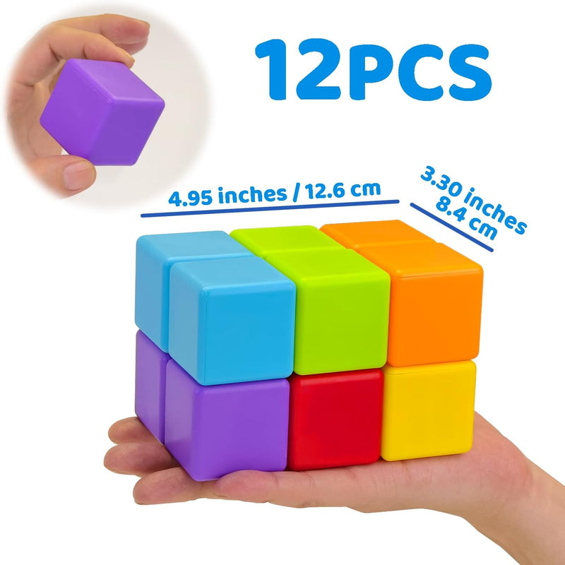 Large Magnetic Building Blocks for Toddlers, 1.65 inch Cubes in Rainbow Theme, 12 PCS, 1-3 Years Old