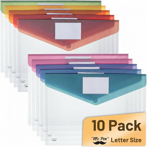 Mr. Pen- Clear Plastic Envelopes File Folders, 10 Pack, A4, Letter Size | Colorful Flaps, Clear Folders for Documents Plastic Poly Envelopes with Label for School, Home, Work, Office, Organizer
