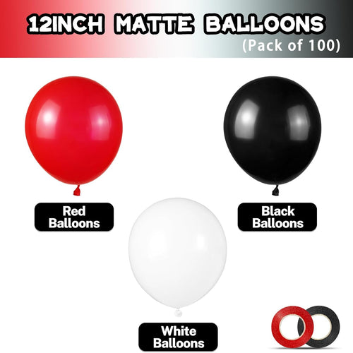 12 inch Matte Black Red and White Latex Balloons 100-Pack for Birthday Party Decorations