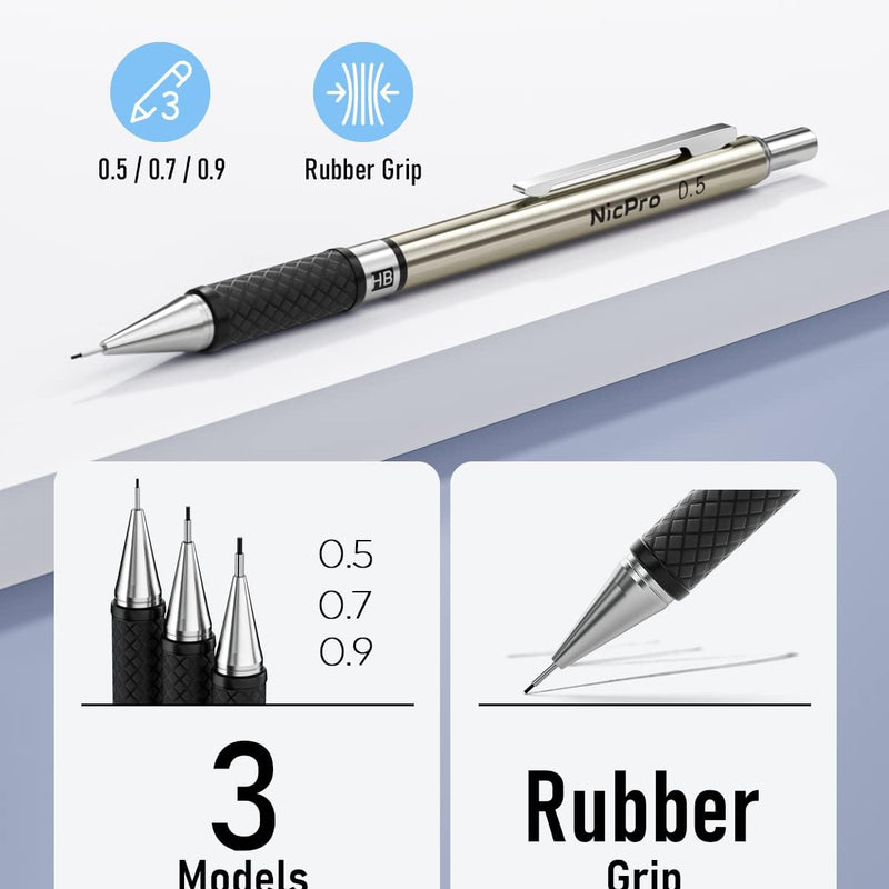Nicpro 6PCS Art Mechanical Pencil Set, 3PCS Metal Drafting Pencil 0.5 mm & 0.7 mm & 0.9 mm & 3PCS 2mm Graphite Lead Holder (2B HB 2H) For Writing, Sketching Drawing With Lead Refills Case