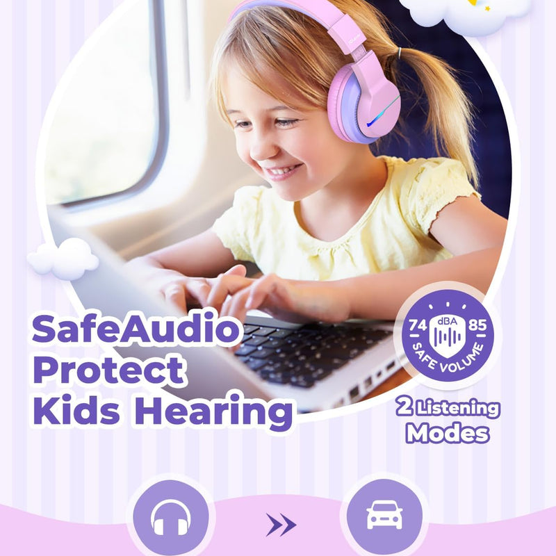 iClever BTH12 Kids Bluetooth Headphones 85H Playtime with LED Lights Travel | SafeSound Tech, Stereo Sound, USB C Charging AUX Cable Over Ear Built-in Mic, Kids Wireless Headphones for Toddler Boys Girls