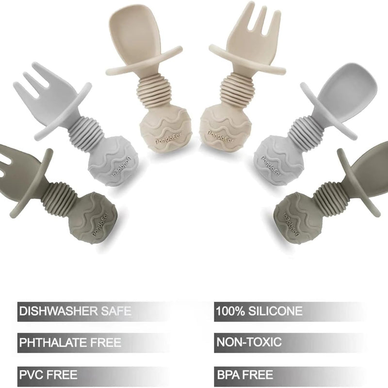 PandaEar 6 Pack Silicone Baby Spoons and Fork Feeding Set- Anti-Choke First Self Feeding Utensils for Baby Led Weaning Ages 3 Months (Tan,Walnut&Grey)