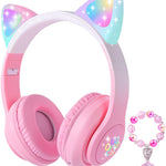 Cat Ear Kids Headphones Bluetooth, LED Light up Wireless/Wired Mode Over Ear Headphones with Build in Microphone for School/Travel (Purple)