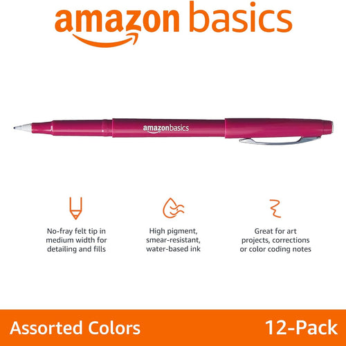 Amazon Basics Felt Tip Marker Pens, Assorted Colors, for Art Projects, Writing, Drawing, and Journaling, 12-Pack