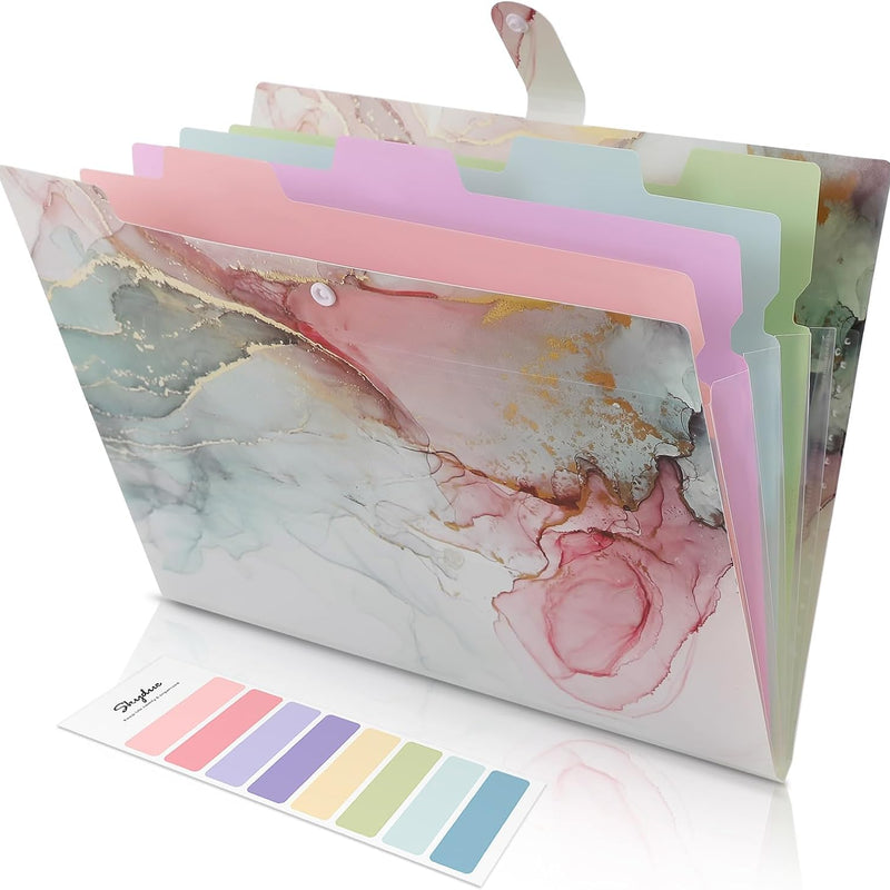 SKYDUE Expanding File Folder with 5 Pockets, Cute Accordion File Organizer, Letter Size Filing Folder, Letter Size Folders for Documents, School Office Supplies Marble Pink