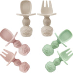 PandaEar 6 Pack Silicone Baby Spoons and Fork Feeding Set- Anti-Choke First Self Feeding Utensils for Baby Led Weaning Ages 3 Months (Tan,Walnut&Grey)