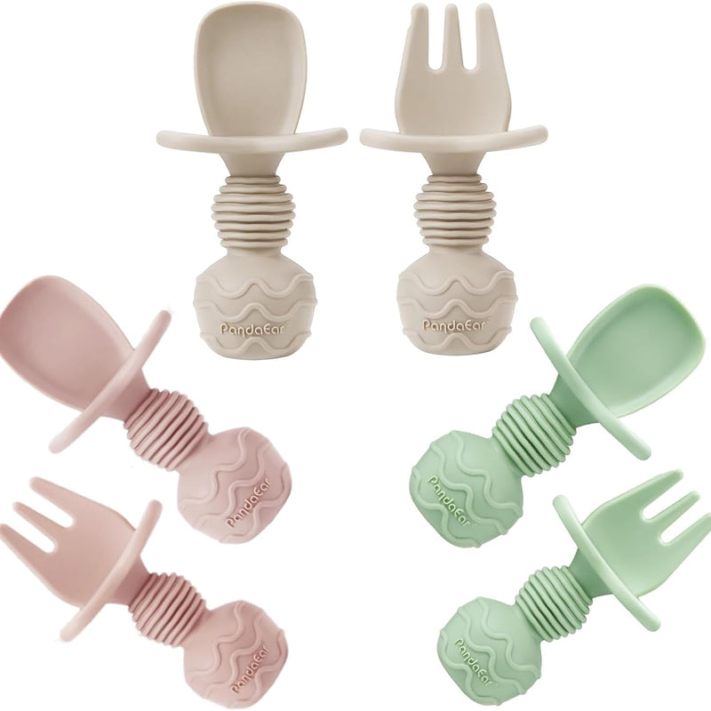 PandaEar 6 Pack Silicone Baby Spoons and Fork Feeding Set- Anti-Choke First Self Feeding Utensils for Baby Led Weaning Ages 3 Months (Tan,Walnut&Grey)