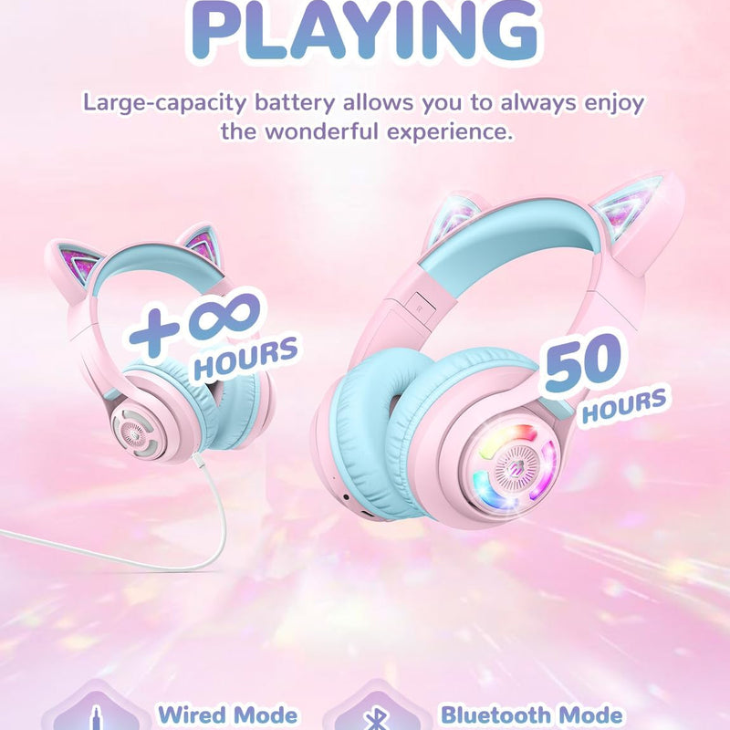 iClever Cat Ear Kids Bluetooth Headphones: Safe Volume, 50-Hour Playtime, LED Lights