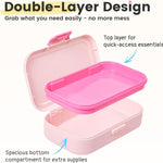 Sooez Double Layer Pencil Box, Plastic Pencil Case with Latch, Hard School Supply Box for Girls Boys Kids, Large Crayon Marker Pen Holder, Cute Art Storage Organizer, 1 Pack, Pink
