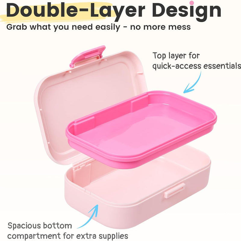 Sooez Double Layer Pencil Box, Plastic Pencil Case with Latch, Hard School Supply Box for Girls Boys Kids, Large Crayon Marker Pen Holder, Cute Art Storage Organizer, 1 Pack, Pink