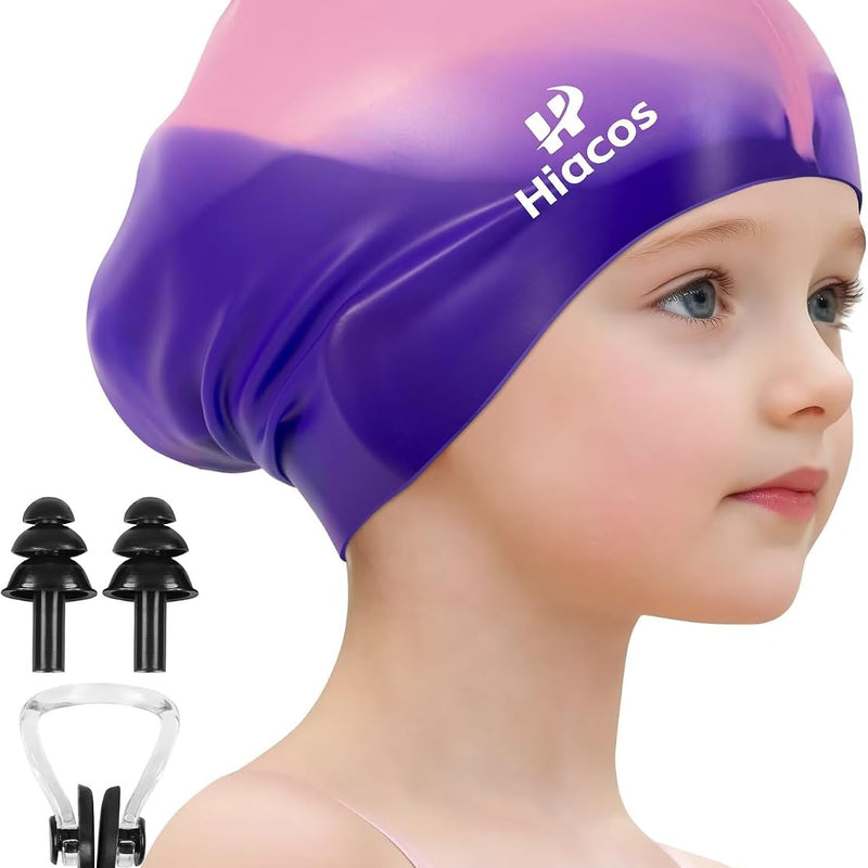 Kids Swim Cap for Girls Boys, 2 Size Silicone Swimming Cap for Long Hair, Waterproof Swim Hats for Toddlers Children Teens to Keep Hair Dry