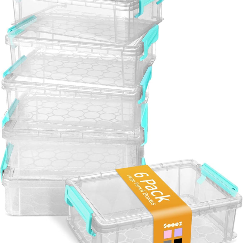 Sooez 6 Pack Extra Large Pencil Box, Plastic Pencil Case Crayon Box, Clear Marker Organizer Plastic Containers with Lid, Stackable Storage Boxes for Art Craft,Pen,Back to School Teacher Supplies, Grey
