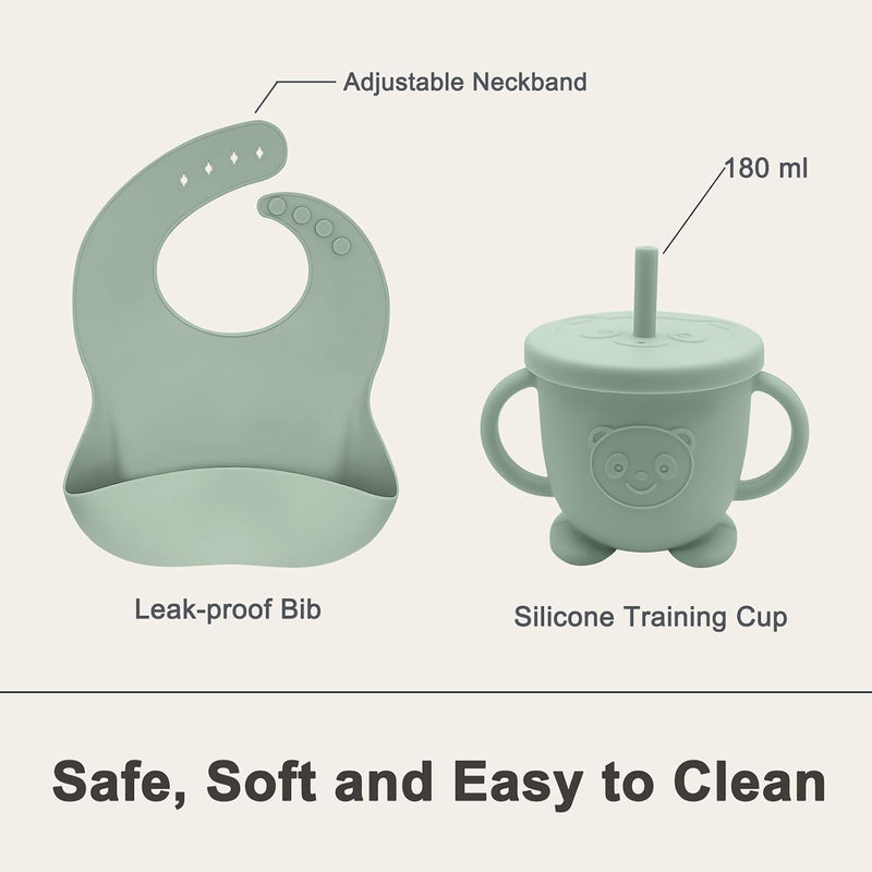 Silicone Baby Feeding Set | Baby Led Weaning Supplies Includes Suction Bowls and Divided Plates, Adjustable Bib, Baby Utensils Spoons and Forks,Cup | Baby Feeding Essentials (Light Green)