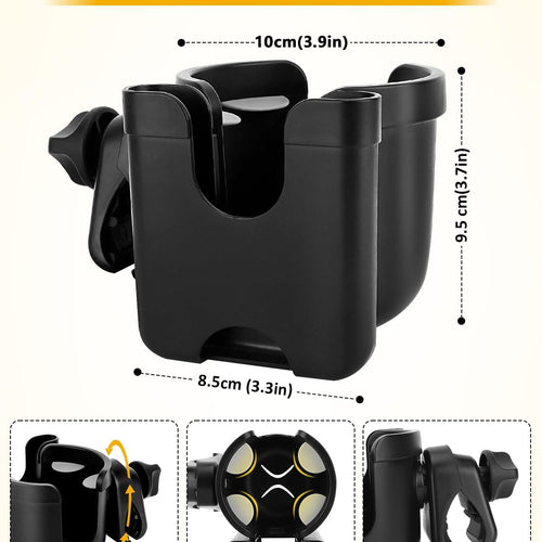 Universal Stroller Cup Holder with Mobile Phone Case, 2-in-1 Strollers Storage Rack, 360 Degrees Rotation Drink Holder for Bike, Pushchair, Wheelchair, Walker,Bicycle, Fits Most Cups