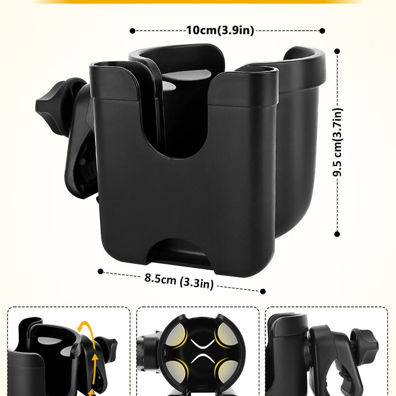 Universal Stroller Cup Holder with Mobile Phone Case, 2-in-1 Strollers Storage Rack, 360 Degrees Rotation Drink Holder for Bike, Pushchair, Wheelchair, Walker,Bicycle, Fits Most Cups