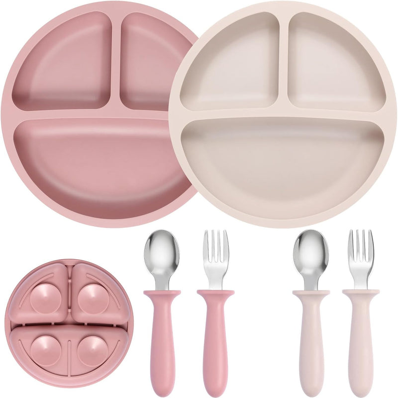 Eascrozn 2 Pack Silicone Suction Plates for Baby, Spoons and Forks Set | Baby Feeding Set, Divided, BPA Free, Baby Led Weaning Supplies for Toddler Utensils, Dishwasher Safe