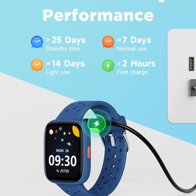 BIGGERFIVE 1.8" Kids Smart Watch, Fitness Tracker, Heart Rate Monitor, Sleep Tracker, IP68 Waterproof, Puzzle Games for 5-16 Year Old Girls Boys Teens, Blue