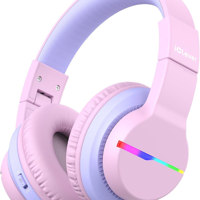 iClever BTH12 Kids Bluetooth Headphones 85H Playtime with LED Lights Travel | SafeSound Tech, Stereo Sound, USB C Charging AUX Cable Over Ear Built-in Mic, Kids Wireless Headphones for Toddler Boys Girls