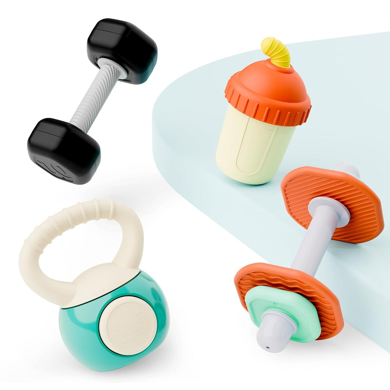 iPlay, iLearn 4PCS Baby Gym Rattle Toys, Newborn Shower Gifts 3-6-9 Months | Infant Sensory Teething Rattles, Babies Weight Set w/Dumbbell, Toddler Carseat Toy, First Birthday Gifts 4 5 7 8 10 12 Month