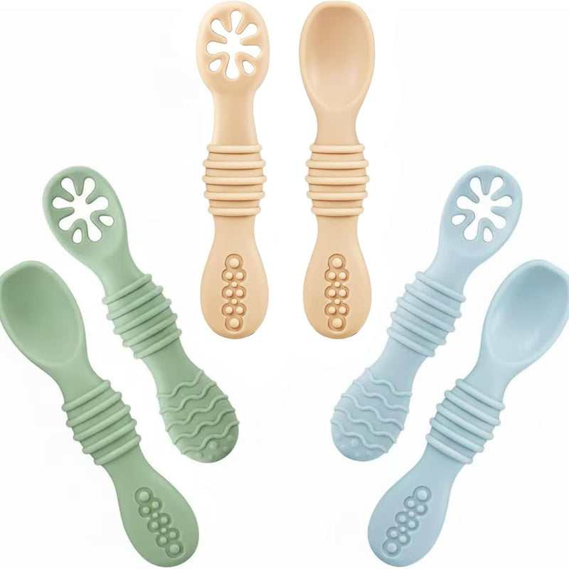PandaEar 6 Pack Silicone Baby Spoons for Baby Led Weaning, First Stage Baby Toddler Self Feeding Utensils 6+ Months (Blue Green Beige)