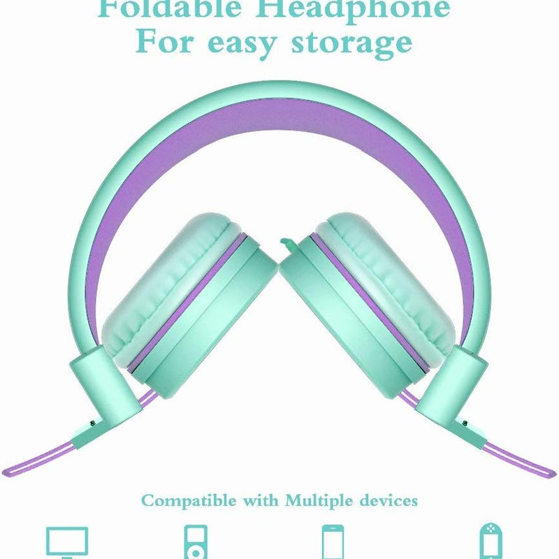 ELECDER i37 Kids Headphones for School Children Girls Boys Teens, Green | Foldable Adjustable Lightweight, 3.5mm Audio Jack On Ear Headphones for Smartphones Chromebook Computer PC Tablets Travel