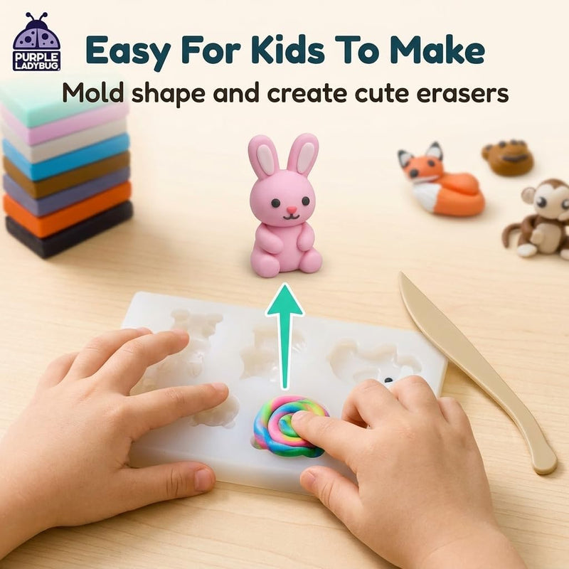 DIY Clay Cute Mini Animal Eraser Kit for Kids Ages 4-12 | Birthday Gifts for Girls & Boys, Students Desk Pet Animals, Make Your Own Erasers, Arts and Crafts