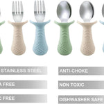 PandaEar Baby Toddler Fork and Spoon Utensil Set, 6 Pack Silicone Stainless Steel Silverware Spoon Fork for Babies Toddler, BPA Free with Silicone Holding Anti-Choke Design (Green Blue Brown)
