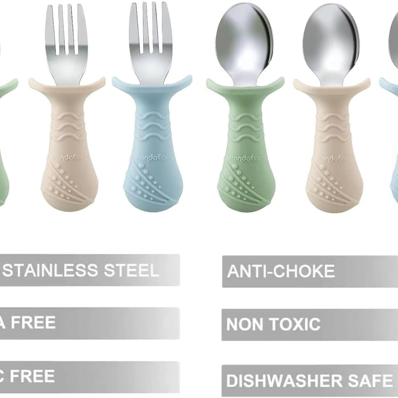 PandaEar Baby Toddler Fork and Spoon Utensil Set, 6 Pack Silicone Stainless Steel Silverware Spoon Fork for Babies Toddler, BPA Free with Silicone Holding Anti-Choke Design (Green Blue Brown)