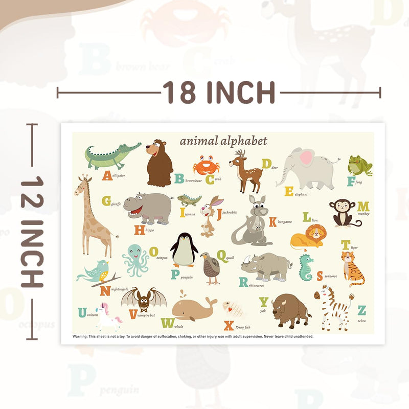 Babebay Disposable Stick-on Placemats 40 Pack for Baby & Kids & Toddler, Sticky Placemats Restaurant Table Mats 12" x 18" (Animal Alphabet)
