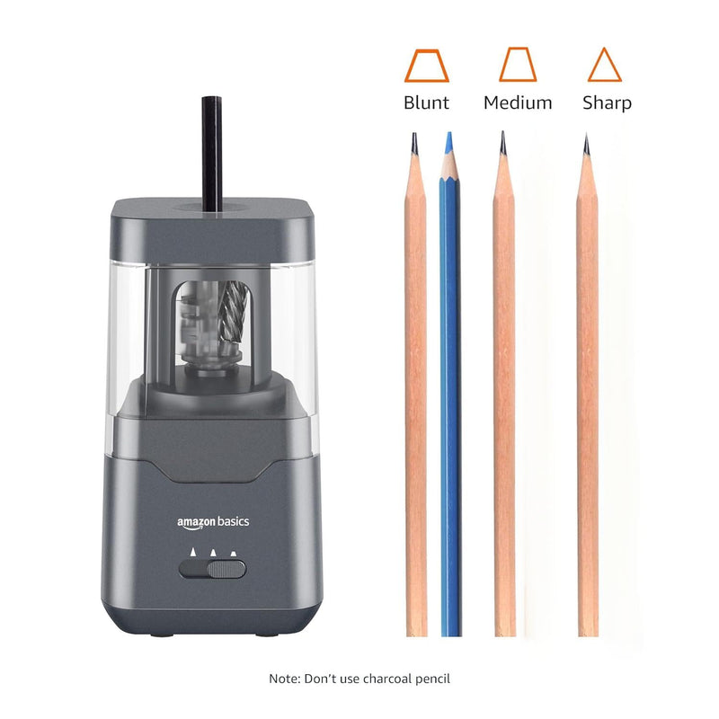 Amazon Basics Portable Electric Pencil Sharpener, Easy to Use, Versatile, Helical Blade, Auto Stop, Battery/USB Cord Operated, Black, 2.87 x 2.87 x 5.3 in