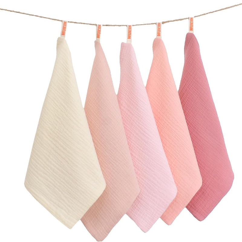 Baby Washcloths,Muslin Burp Cloths Towels for Newborns,Absorbent Cotton Bath Face Towel ，5 Pack, 12x12 Inches (Rosy Embrace)