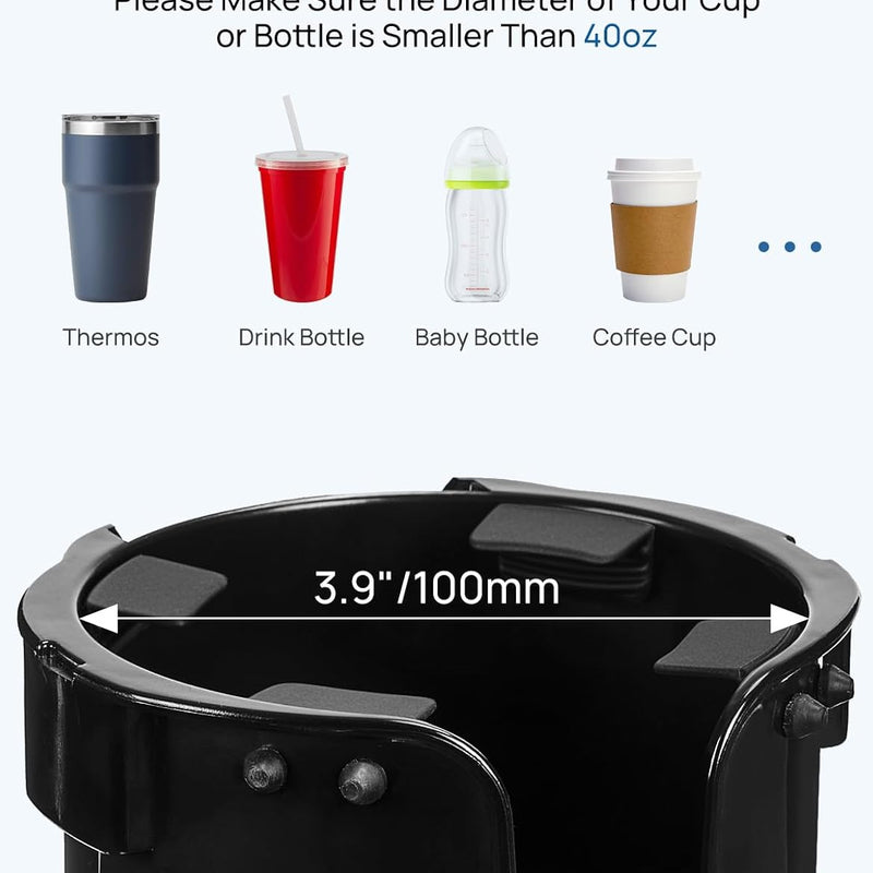 JOYTUTUS Wheelchair Cup Holder, 2-in-1 Walker Cup Holder with 6.4'' Large Storage Box, Drink Holder for Bottle with Handle, Fit for Wheelchair, Walker, Rollator, Stroller, Camper, Golf cart (Large)