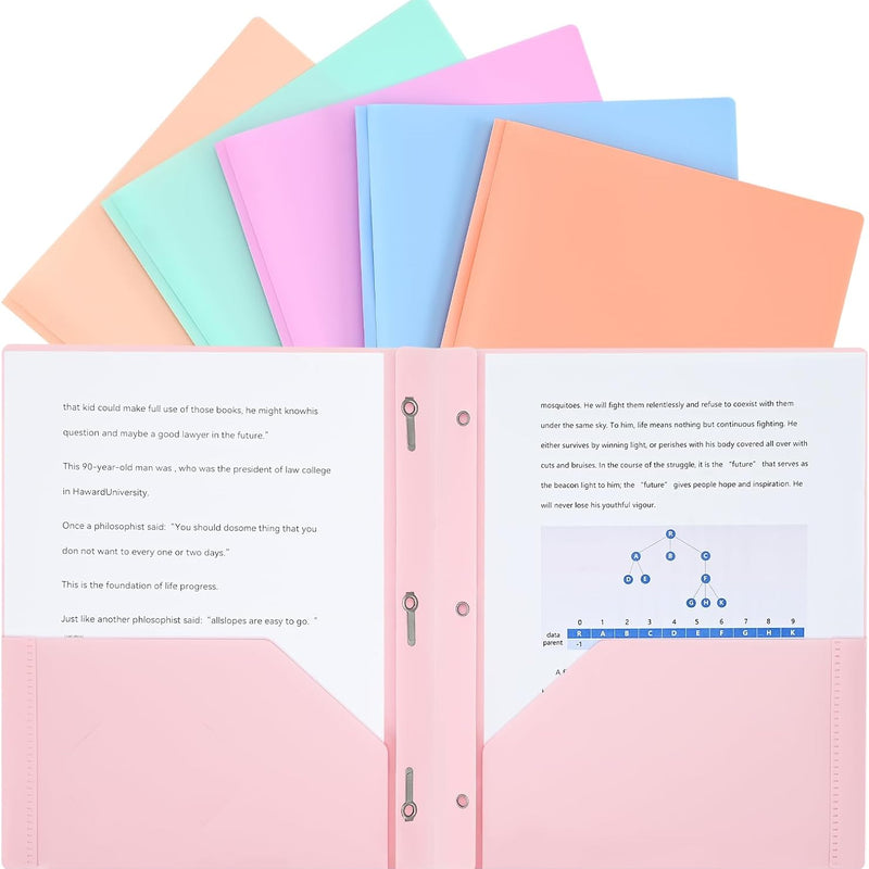 Two-Pocket-Folders with 3 Prongs, Letter Size Plastic Folders with Pockets and Prongs, Poly Plastic Folders for Office & School. 6 Pastel Colors (Pink - 6 Packs)