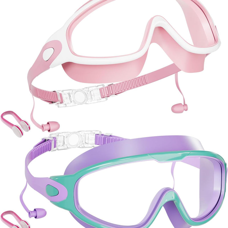 Aegend New Kids 2 Pack Wide View Swim Goggles, Anti-Fog/UV No Leak Goggles with Ear Plugs Kids 3-14