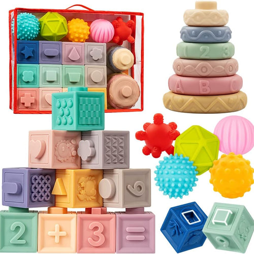 Jyusmile Montessori Baby Toy Set for 6-12 Months, Soft Infant Teething Toys, Stacking Blocks, Sensory Balls