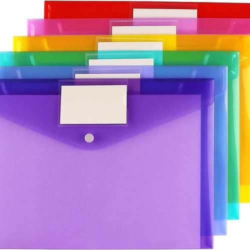 6 Pack Clear Document Folders Plastic Envelopes, A4 Size, 6 Colors | Poly Envelopes File Envelopes with Label Pocket and Snap Button, for Home Work Office Organization