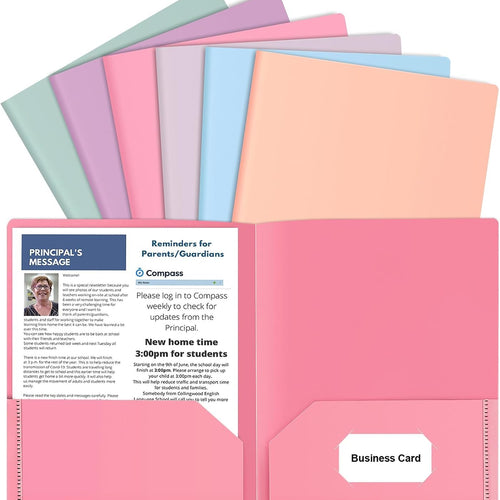 HABGP 6 Pack Colored File Folders with Pockets and Business Card Holder, Pastel Decorative Pocket Folders for Documents, Cute Plastic Folders for Filing Cabinet, School, Office, Resume Portfolio