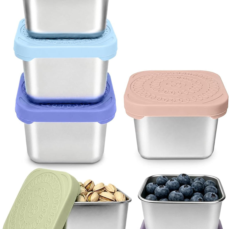 HTEVW 6 Pack Stainless Steel Snack Containers for Kids, 6 oz Toddler Snack Containers with Silicone Lids, Reusable Leak Resistant Food Containers for School Lunch, Daycare, Travel & Portion Control