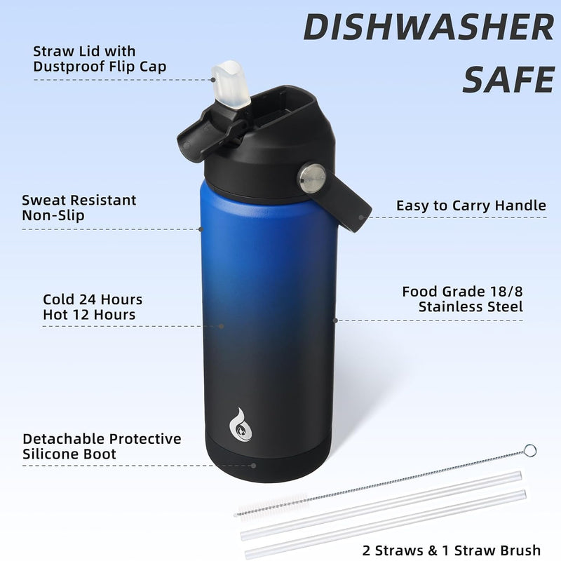 BJPKPK 18oz Insulated Water Bottle, Stainless Steel Bottle with Straw Lid | Soft Silicone Nozzle, Keep Cold & Hot, Leak-Proof BPA-Free Metal Bottle with Flex Handle for Travel, Gym & Everyday Hydration