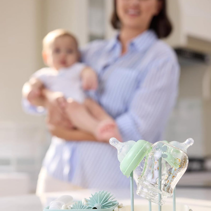 Momcozy 7-in-1 Baby Bottle Brush Set with Drying Rack, Green | Silicone Nipple Straw Brushes, Soap Dispenser Storage Box, Foldable Drain Rack, Portable Bag, BPA-Free, Home & Travel