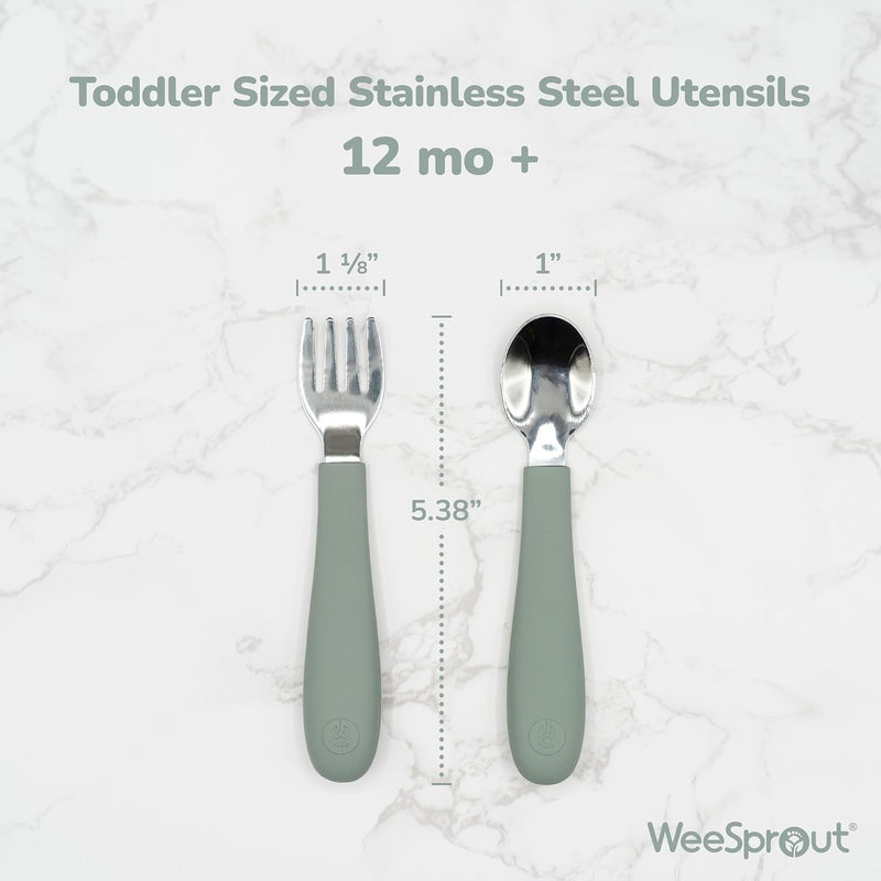 WeeSprout Toddler Utensils, 3 Forks & 3 Spoons, 18/8 Stainless Steel & Food Grade Silicone, Thick Easy-Grip Handles, Perfect Length For New Self Feeders, Gentle On Gums & Teeth, Dishwasher Safe