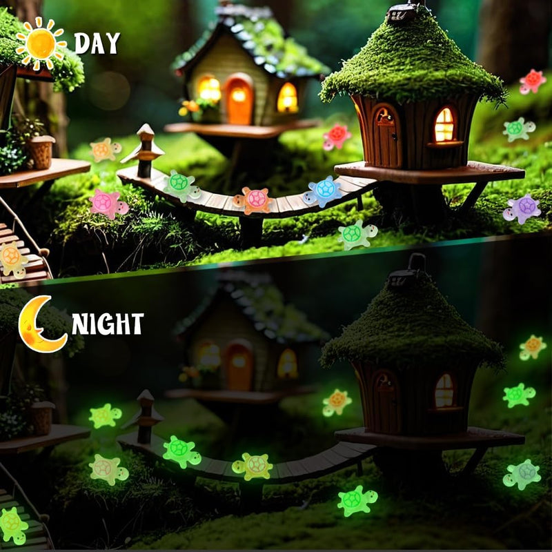 200 Pcs Mini Resin Turtles Glow in the Dark, Tiny Sea Turtle Animals to Hide Small Luminous Figures Miniature Plastic Ocean Animal for Fairy Garden Micro Landscaping Dollhouse Home Decor Crafts