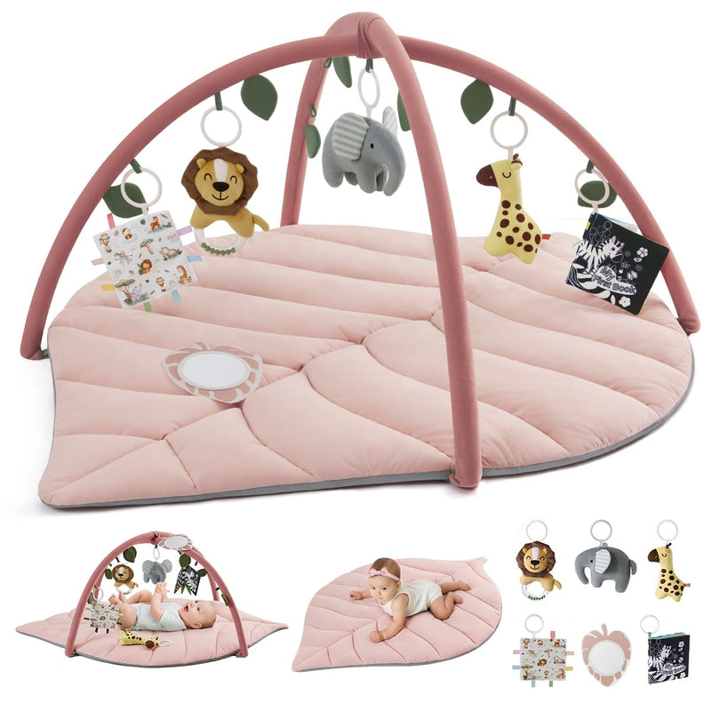 Blissful Diary Baby Play Gym & Activity Mat, Oversize Leaf Shaped Baby Play Mat w 6 Detachable Toys, Tummy Time Mat Promote Motor Skills & Sensory Development Mat, Newborn Infant Baby Essentials Gift
