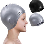 Alepo 2 Pack Kids Swim Caps for Boys Girls, Durable Silicone Swimming Cap with 3D Ear Pockets for Age 3-15 Toddler Child Youth Teen, Unisex Swim Bath Hats for Short/Long Hair with Ear Plugs Nose Clip