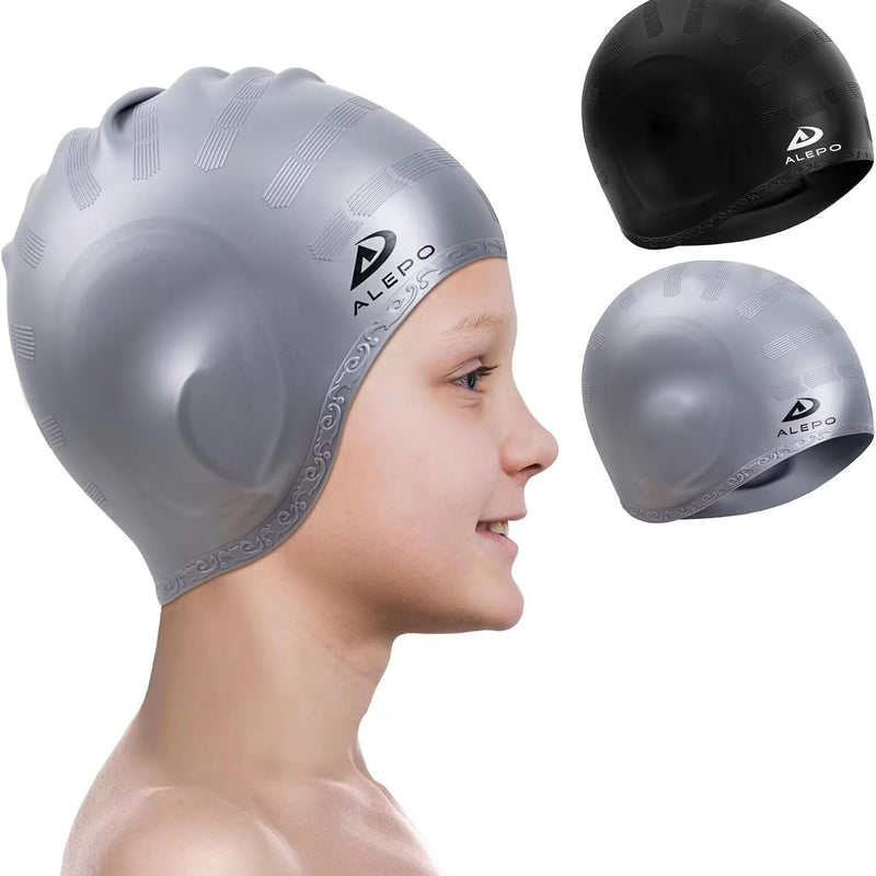 Alepo 2 Pack Kids Swim Caps for Boys Girls, Durable Silicone Swimming Cap with 3D Ear Pockets for Age 3-15 Toddler Child Youth Teen, Unisex Swim Bath Hats for Short/Long Hair with Ear Plugs Nose Clip