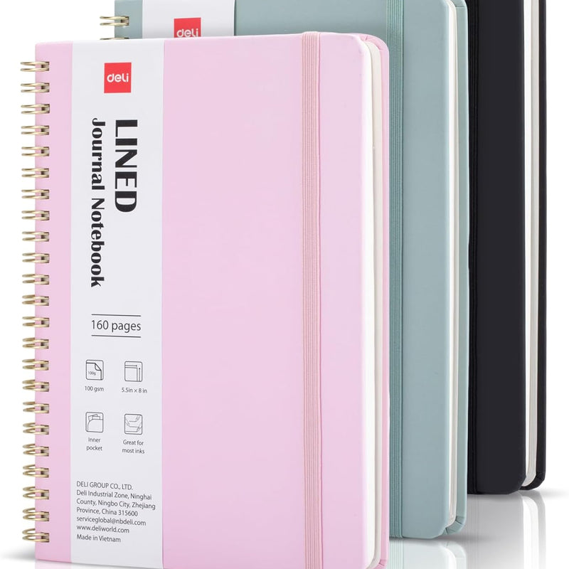 deli 3-Pack Lined Spiral Journal Notebook, 160 Pages, A5 (5.5"x8") Hardcover Writing Notebook, College Ruled Spiral Bound Journal for Women & Men - Perfect for Work, School, Office & Note Taking